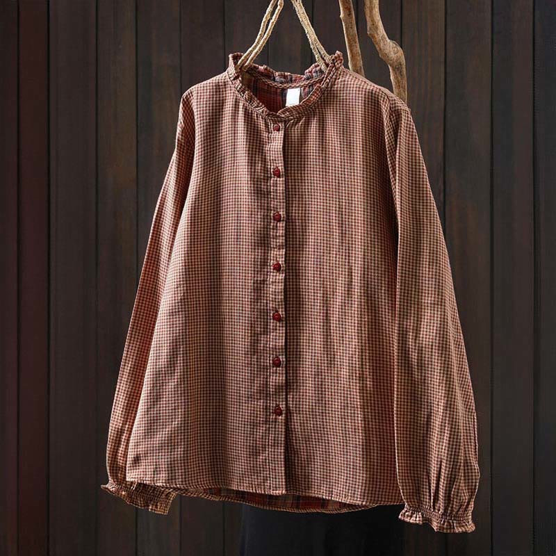 Buddha Stones Fall Tiny Plaid Button Down Ruffle Collar Long Sleeve Women's Cotton Shirt