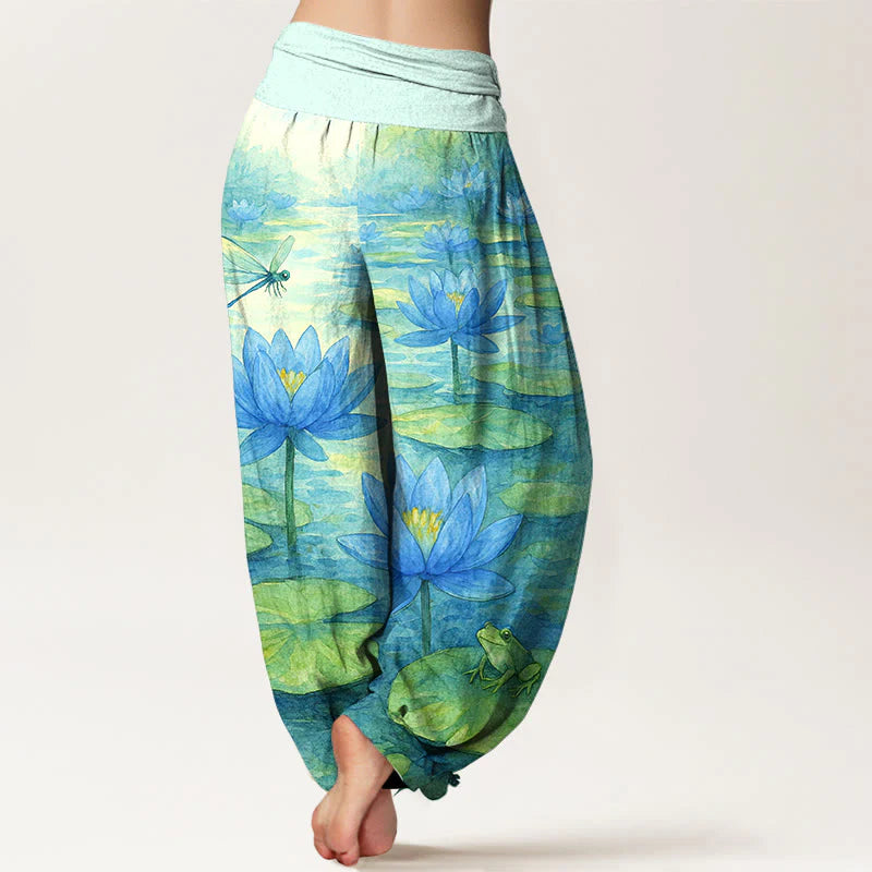 Buddha Stones Pure Cotton Fresh Elegant Lotus Flower Leaf Dragonfly Frog Pattern Women's Elastic Waist Harem Pants
