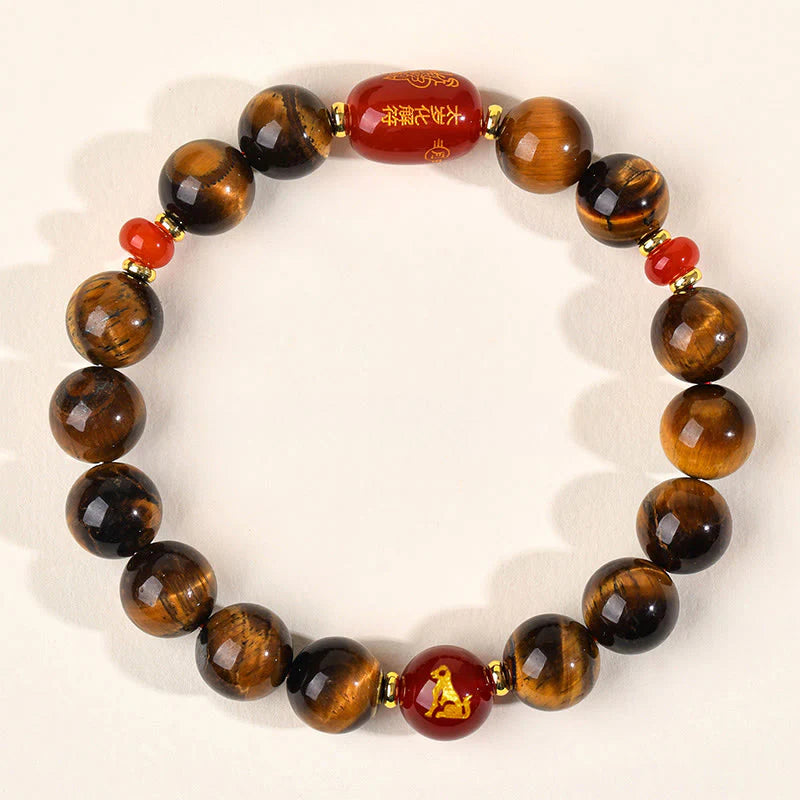 Buddha Stones 12 Chinese Zodiac Natural Tiger Eye Red Agate Protection Bracelet