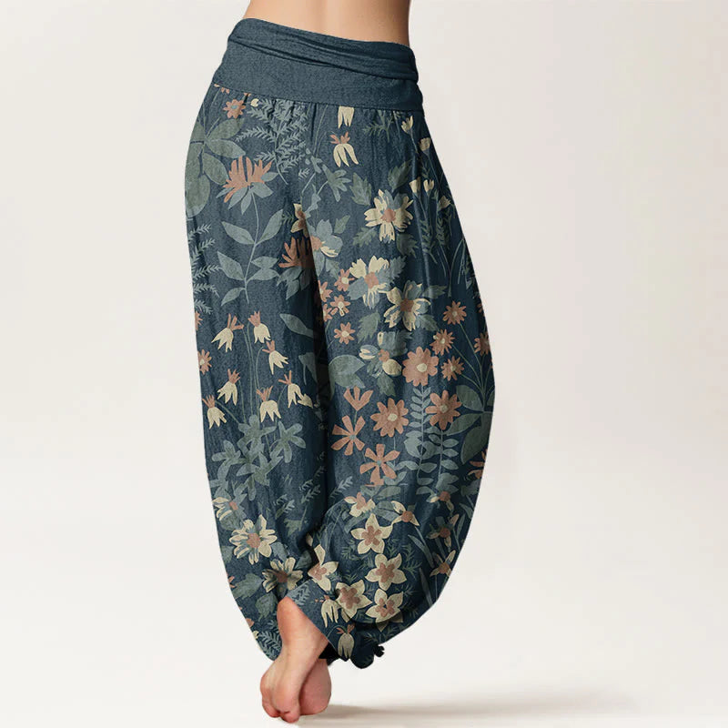 Buddha Stones Cotton Casual Daisy Flowers Leaves Design Women's Elastic Waist Harem Pants