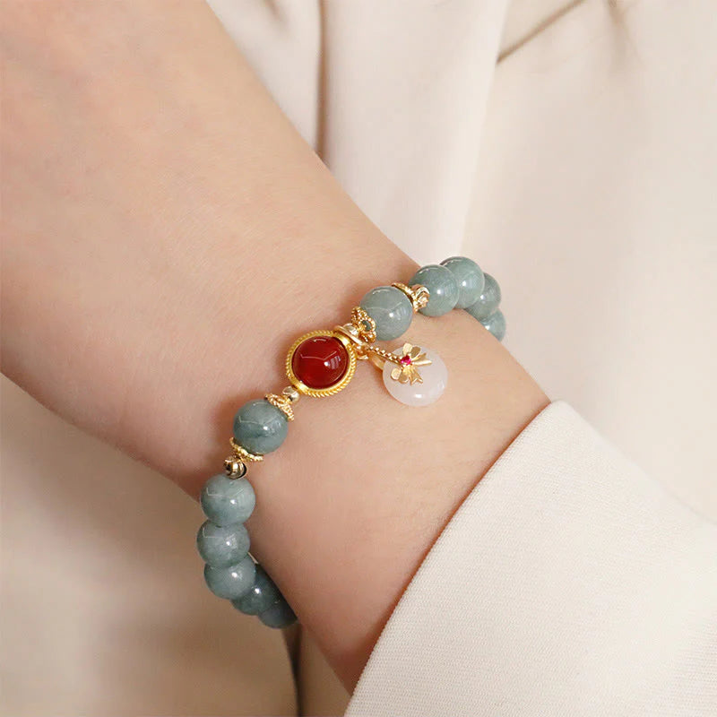 Buddha Stones Natural Jade Red Agate Pearl Bow Tie Luck Bracelet
