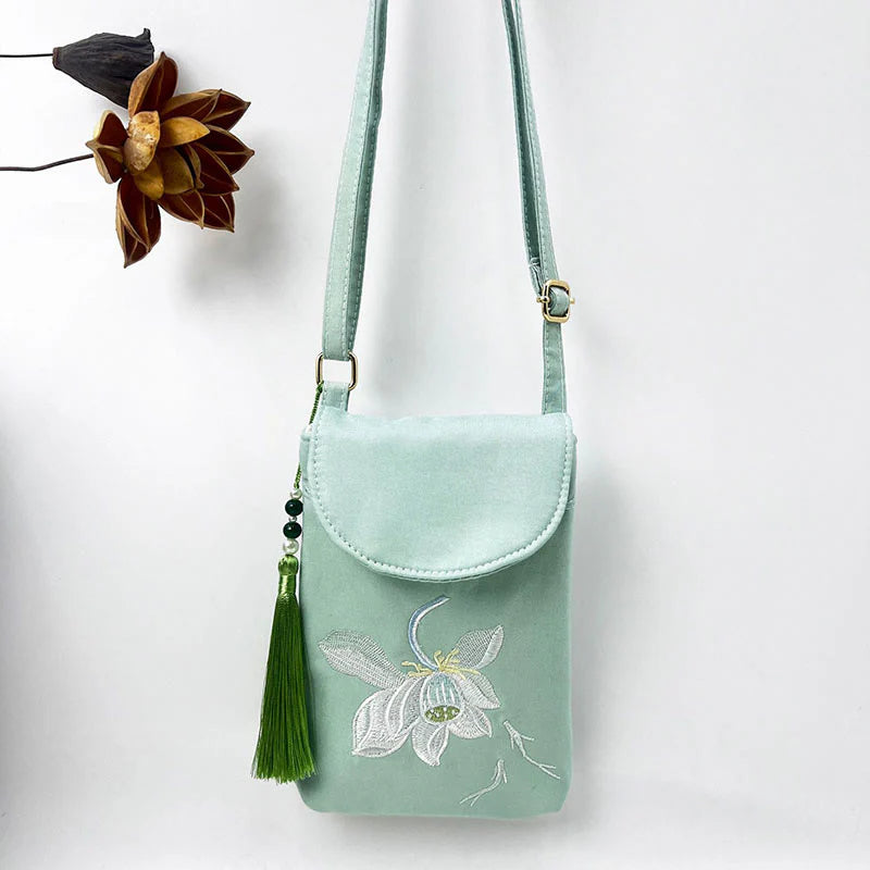 Buddha Stones Small Embroidered Flowers Crossbody Bag Shoulder Bag Double Layer Cellphone Bag
