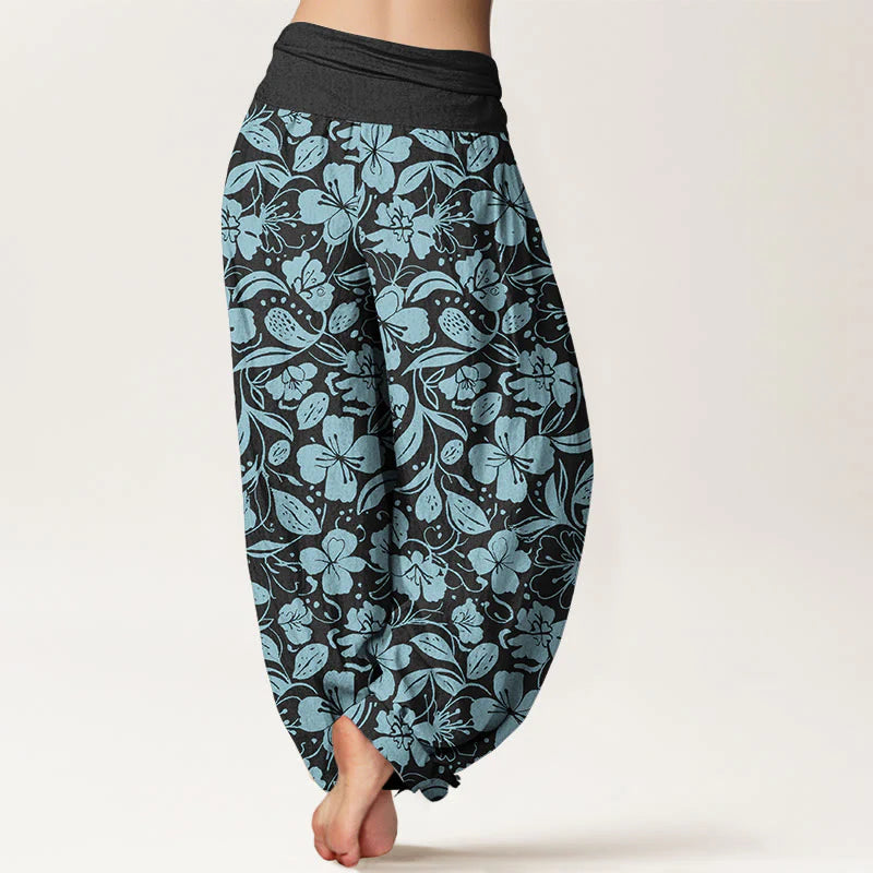Buddha Stones Cotton Repeated Flowers Leaves Pattern Women's Elastic Waist Harem Pants