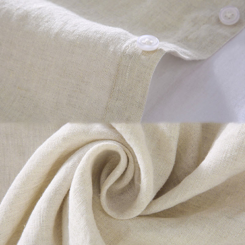 Buddha Stones Spring Men's Casual Pure Color Linen Long Sleeve Shirt With Pocket
