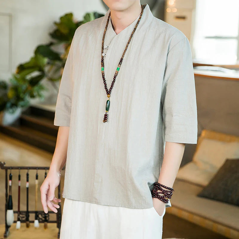 Buddha Stones Summer Vintage Solid Color Frog-Button Design Men's Cotton Three Quarter Sleeve Shirt