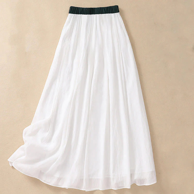 Buddha Stones Casual Contrasting Color Pleated Lace-Up Design Women's Cotton Linen 7-8 Length Skirt