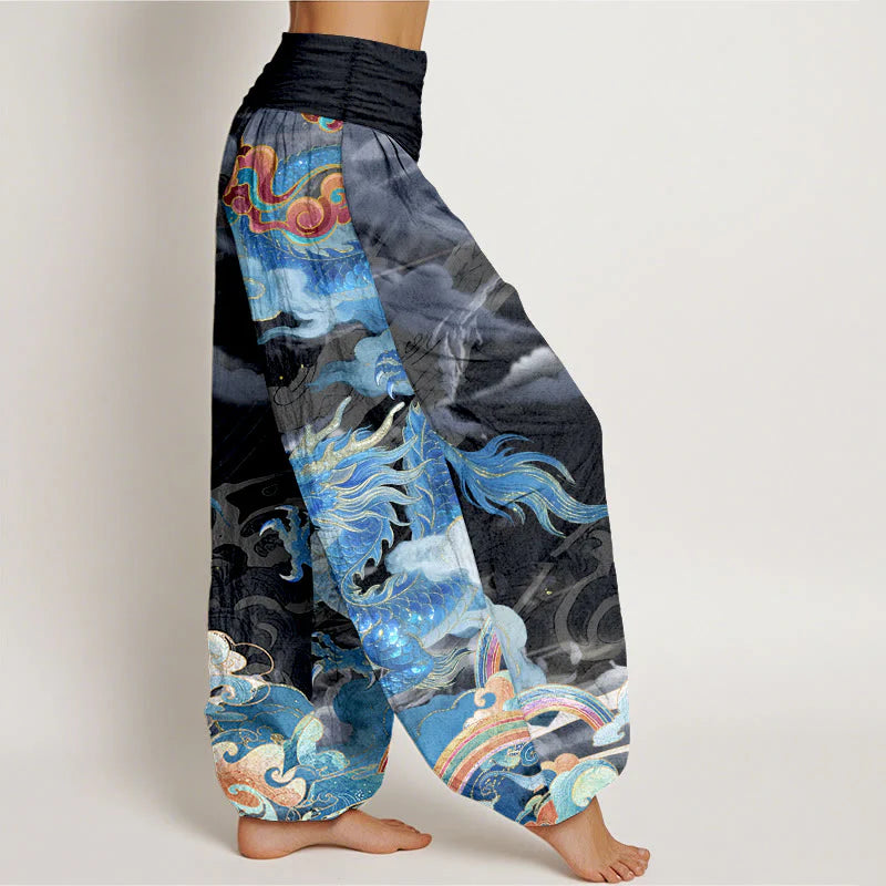 Buddha Stones Pure Cotton Gorgeous Dragon Cloud Rainbow Pattern Women's Elastic Waist Harem Pants