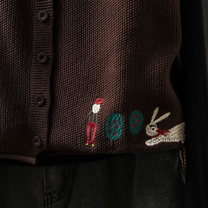 Buddha Stones Figure Rabbit Tree Embroidery Buttons Women's Sleeveless Cotton Knitted Vest Waistcoat