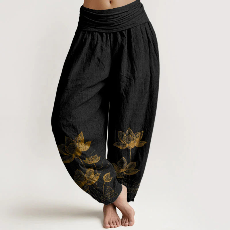Buddha Stones Pure Cotton Line Drawing Lotus Flower Pattern Women's Elastic Waist Harem Pants