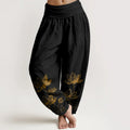 Buddha Stones Pure Cotton Line Drawing Lotus Flower Pattern Women's Elastic Waist Harem Pants