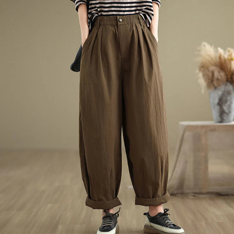 Buddha Stones Casual Solid Color One Top Button Elastic Waistband Women's Pants With Pockets