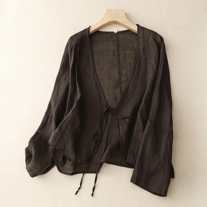 Buddha Stones Summer Plain Long Sleeve Lace-up Open Front Women's Kimono