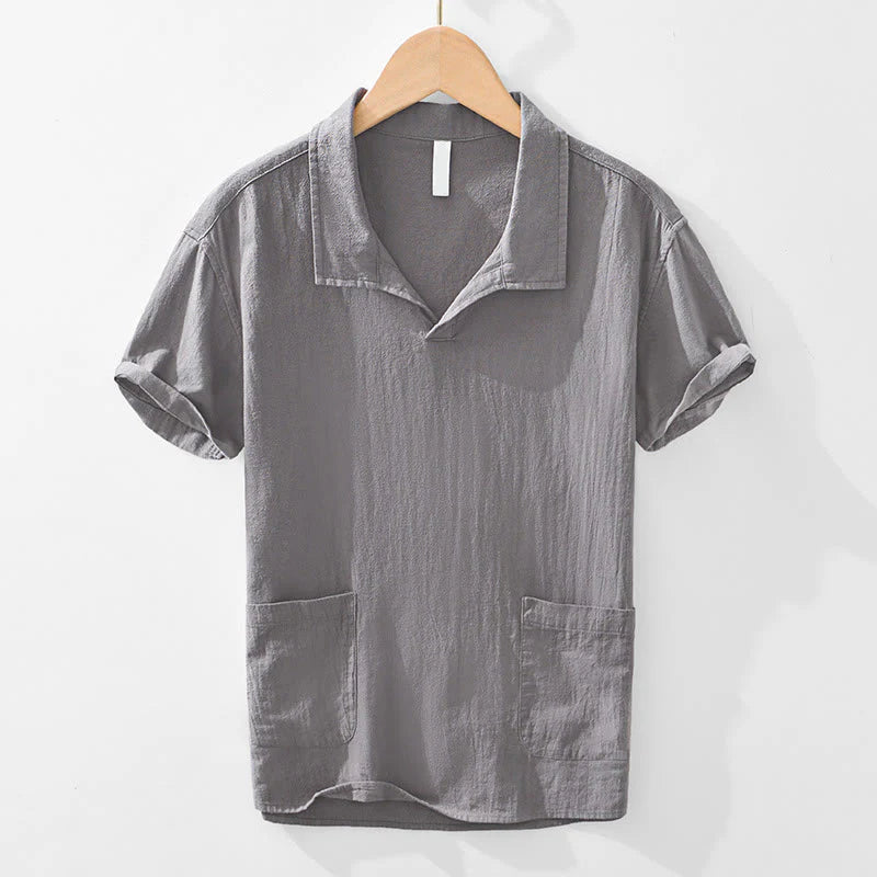 Buddha Stones Vintage Plain Simple Design Men's Short Sleeve Cotton Linen Shirt Clothing With Pockets