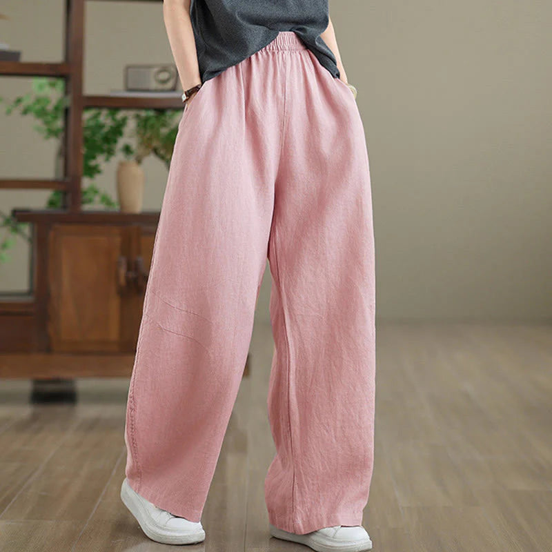 Buddha Stones Casual Plain Cotton Women's Wide Leg Pants With Pockets