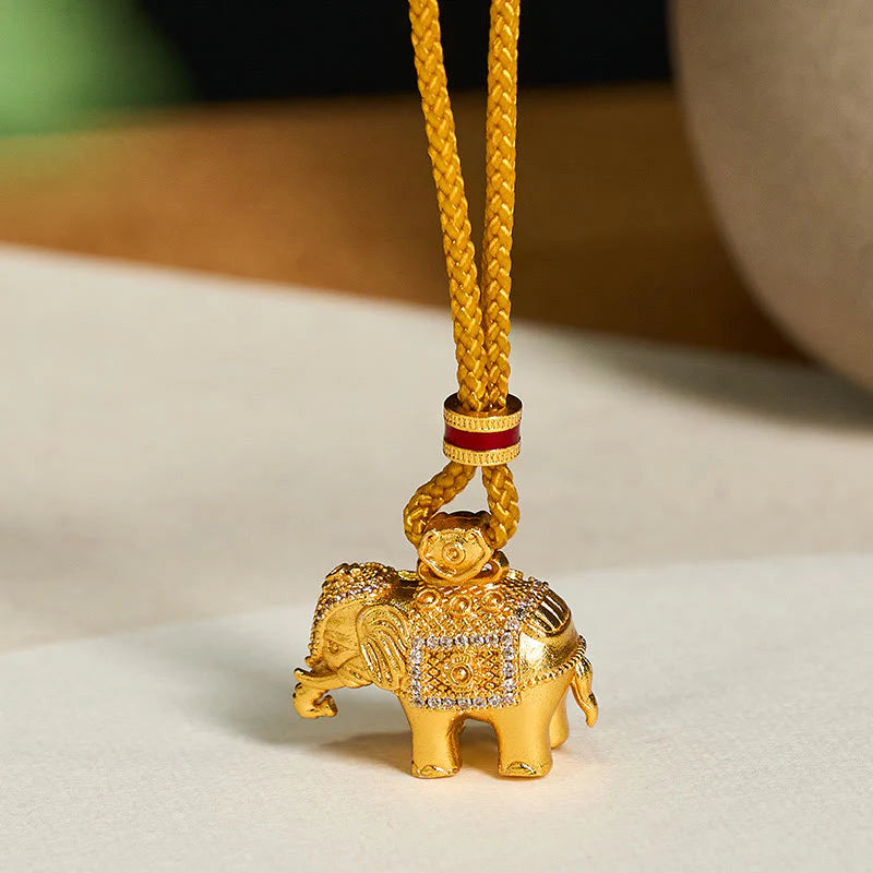 Buddha Stones 24k Gold Plated Brass Elephant Charm Strength Rope Necklace Pendant