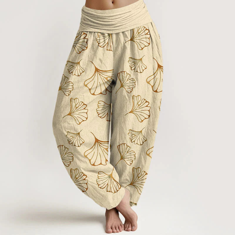 Buddha Stones Pure Cotton Minimalist Style Ginkgo Leaves Pattern Women's Elastic Waist Harem Pants