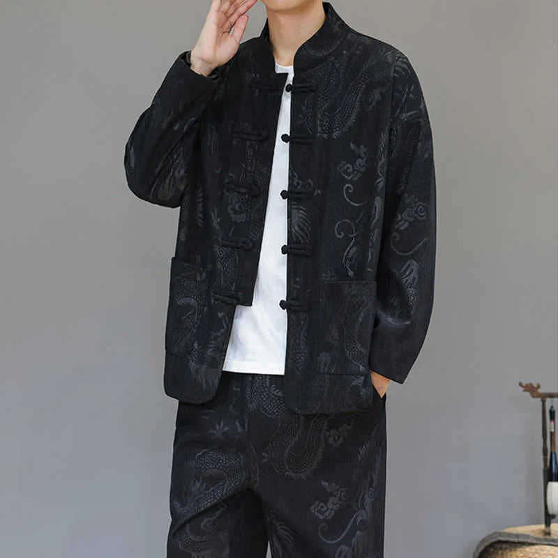 Buddha Stones 2Pcs Fall Winter Men's Tang Suit Dragon Frog-Button Cotton Corduroy Long Sleeve Jacket Pants Set With Pockets