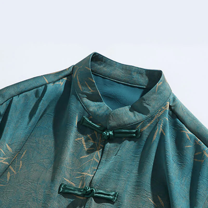 Buddha Stones Summer Bamboo Print Mandarin Collar Frog Buttons Men's Elbow-Length Sleeve Shirt