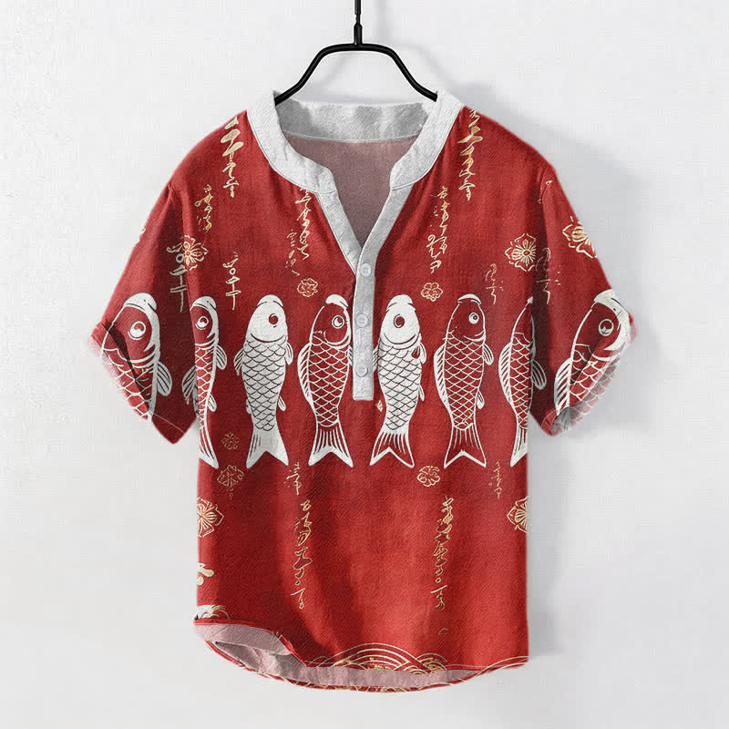Buddha Stones Cotton Koi Fish Emblem Men's Short Sleeve Half Button Shirt