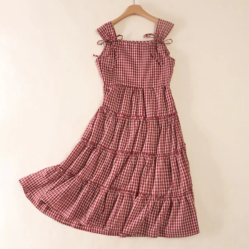 Buddha Stones Plaid Sleeveless Summer Below Knee Dress With Pockets