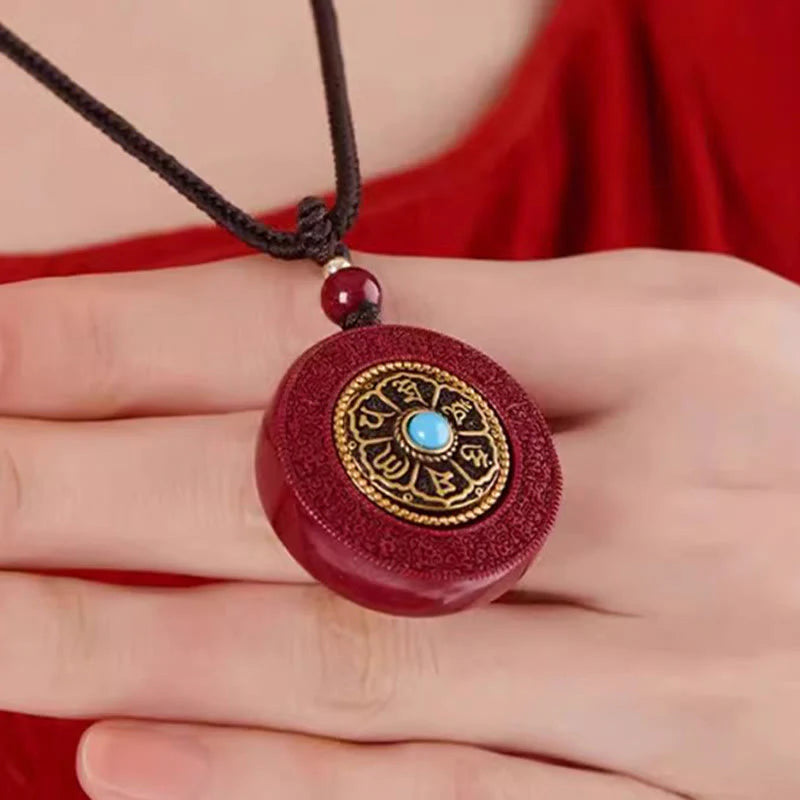 Buddha Stones Natural Cinnabar Om Mani Padme Hum Rotatable Scripture Yin Yang Pattern Blessing Necklace String Pendant