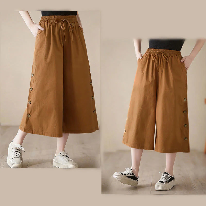 Buddha Stones Plain Buttoned Side Design Capri Cropped Women's Wide Leg Pants With Pockets