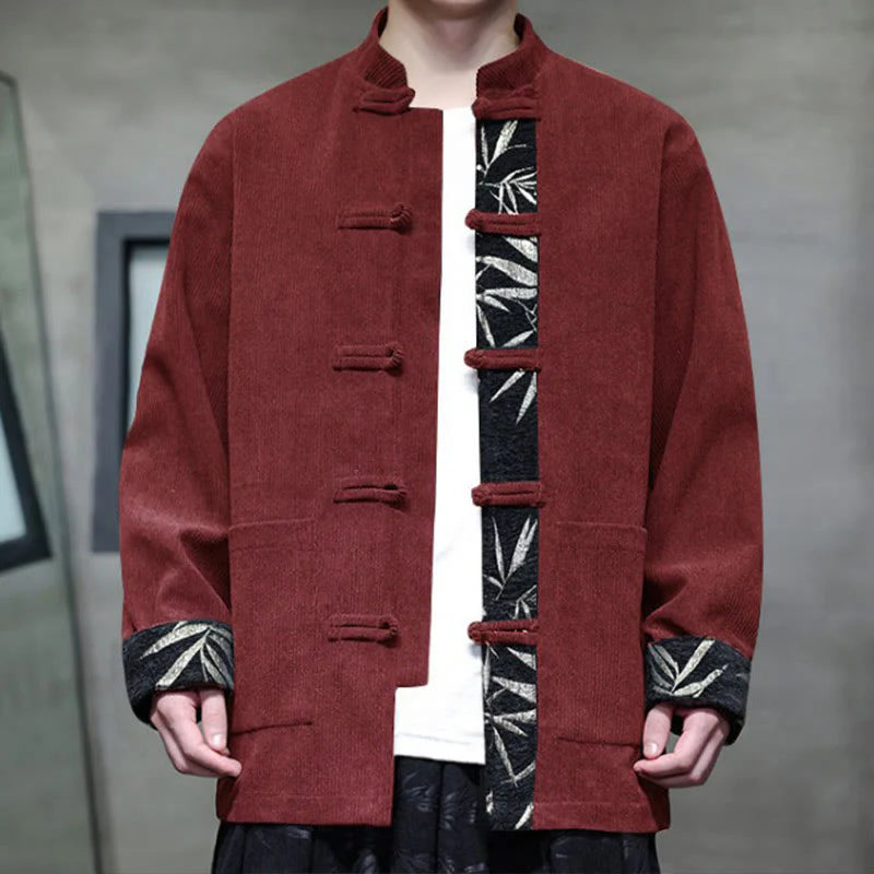 Buddha Stones Fall Bamboo Frog-Button Long Sleeve Men's Corduroy Cotton Jacket With Pockets