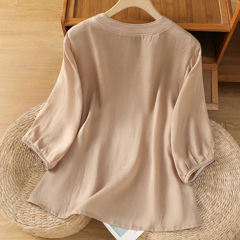 Buddha Stones Casual Embroidery Frog-Button Cotton Polyester Half Sleeve Women's Stand Collar Shirt