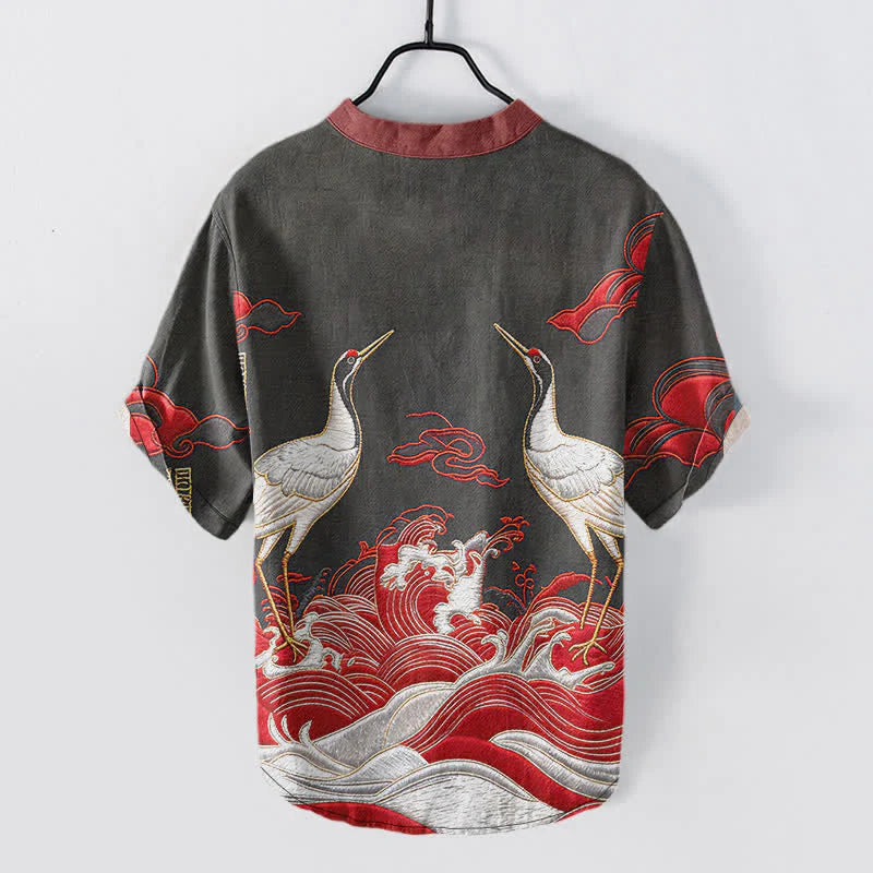 Buddha Stones Cotton Crane Wave Emblem Men's Short Sleeve Half Button Shirt