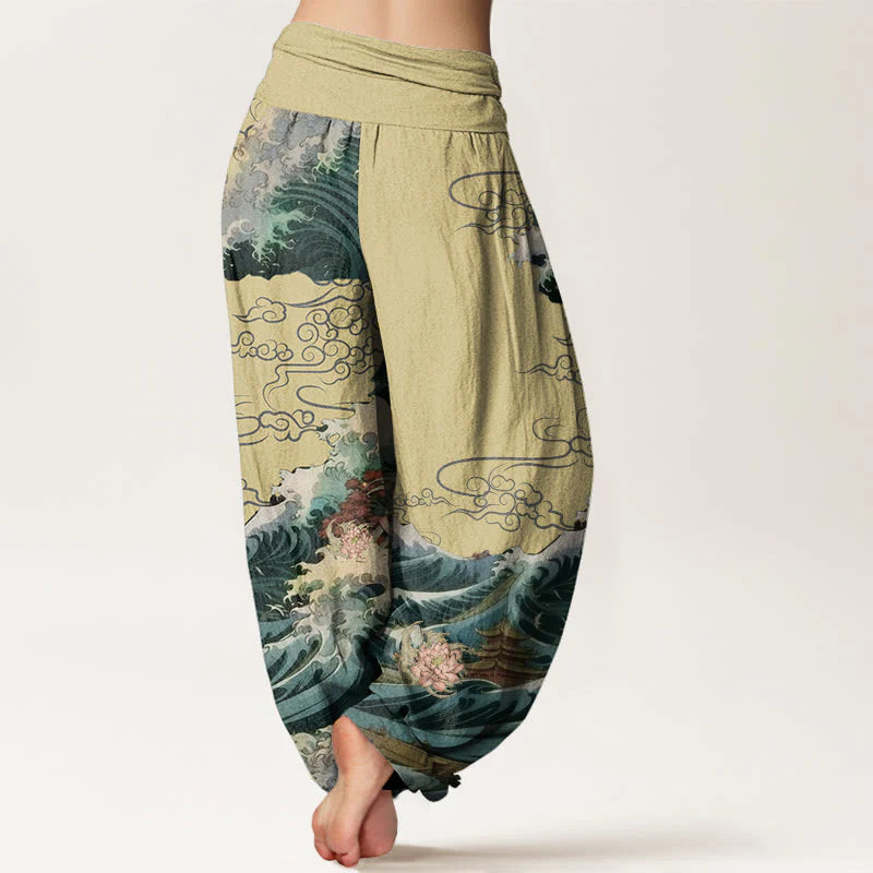Buddha Stones Cotton Casual Blooming Lotuse Wave Pavilion Pattern Women's Elastic Waist Harem Pants