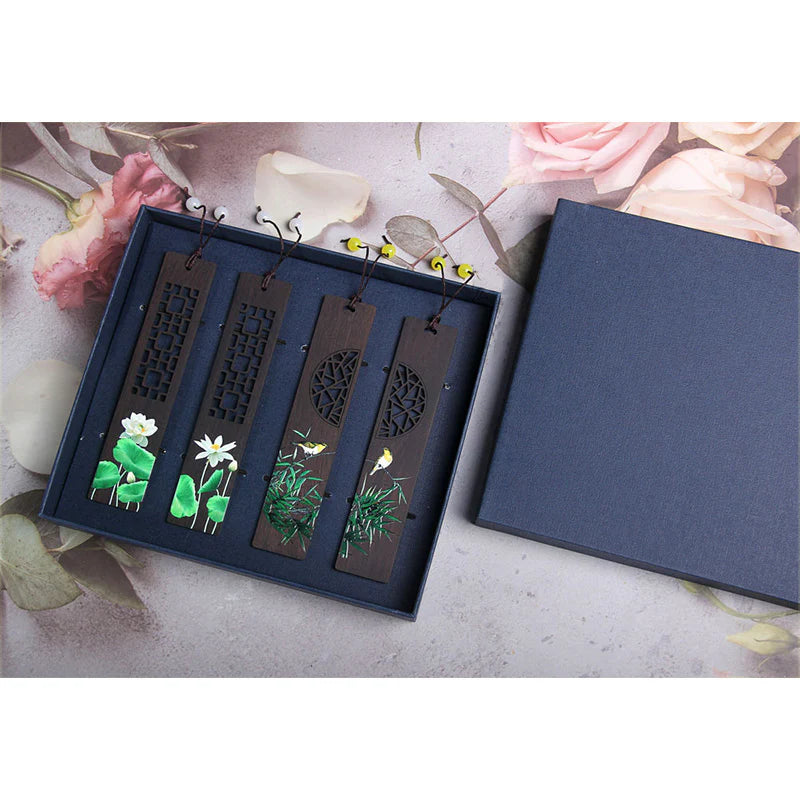 Buddha Stones Green Lotus Bamboo Oriole Ebony Wood Bookmarks With Gift Box (Extra 35% Off | USE CODE: FS35)