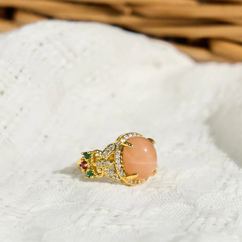 Buddha Stones Vintage Prong Setting Four Leaf Flower Design Peach Moonstone Adjustable Soothing Ring