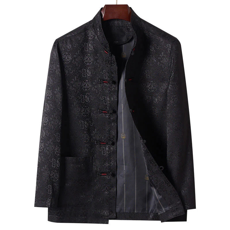 Buddha Stones Embroidery Pattern Stand Collar Long Sleeve Men's Tang Suit Jacket With Pockets