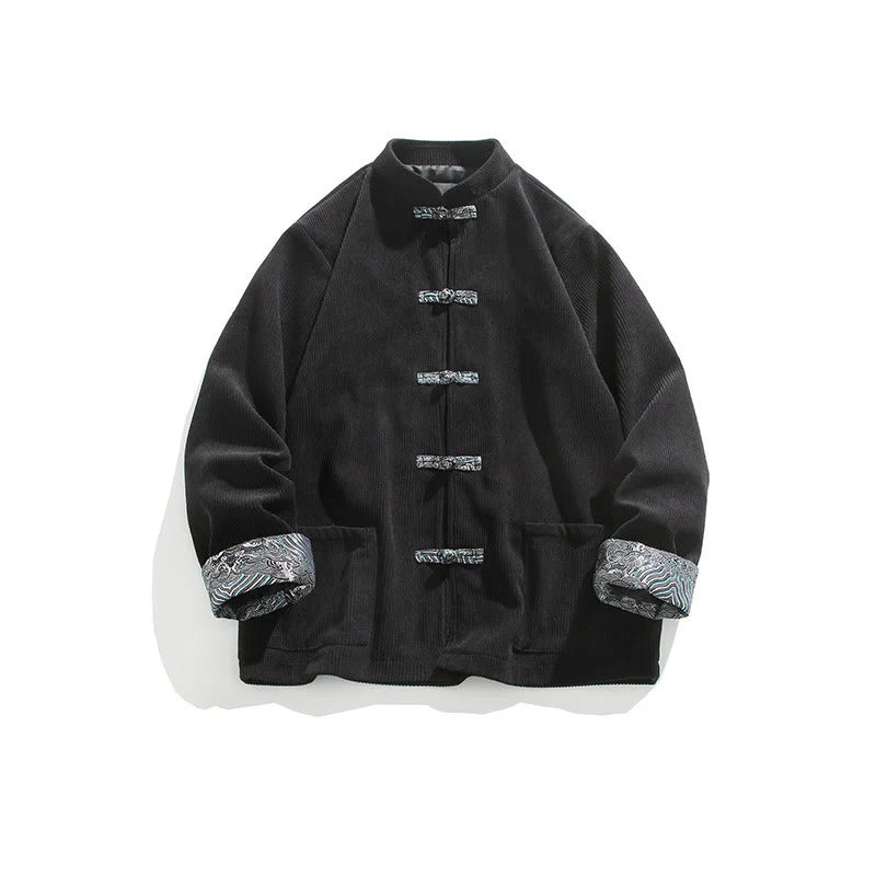 Buddha Stones Spring Jacquard Frog-Button Men's Cotton Corduroy Long Sleeve Jacket With Pockets