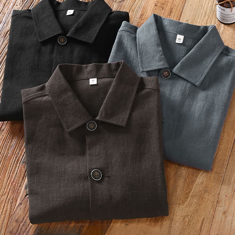 Buddha Stones Commute Plain Long Sleeve Button Lapel  Design Men's Ramie Linen Jacket With Pockets