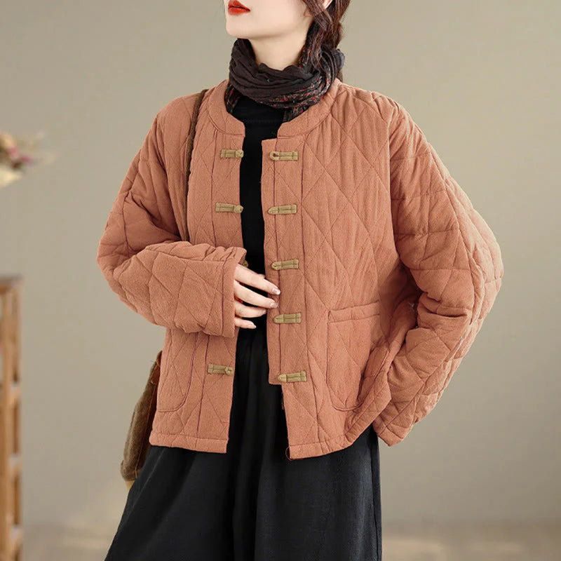 Buddha Stones Winter Frog-Button Diamond-shaped Lines Cotton Long Sleeve Women's Thermal Jacket With Pockets