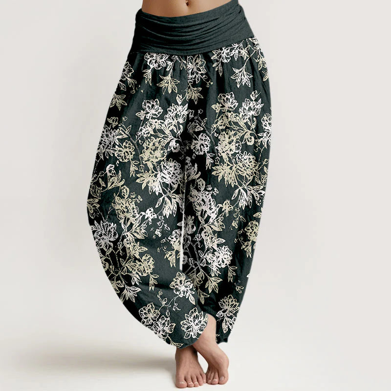 Buddha Stones Cotton Retro Layered Petals Pattern Women's Elastic Waist Harem Pants