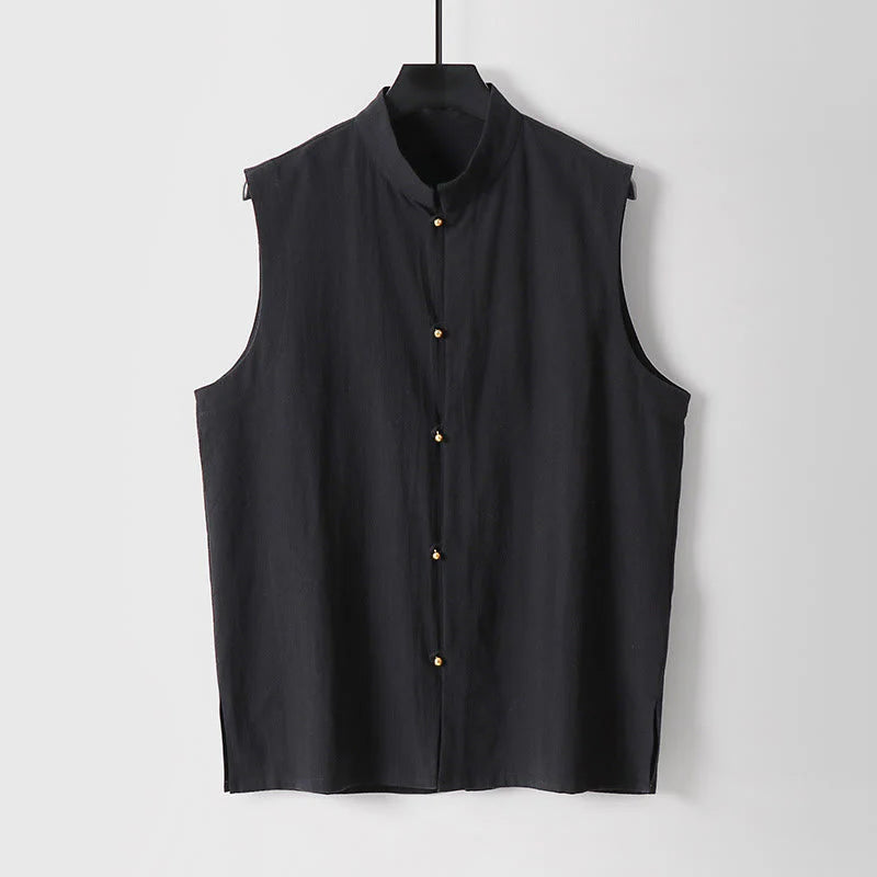 Buddha Stones Summer Solid Color Stand Collar Men's Cotton Linen Sleeveless Vest