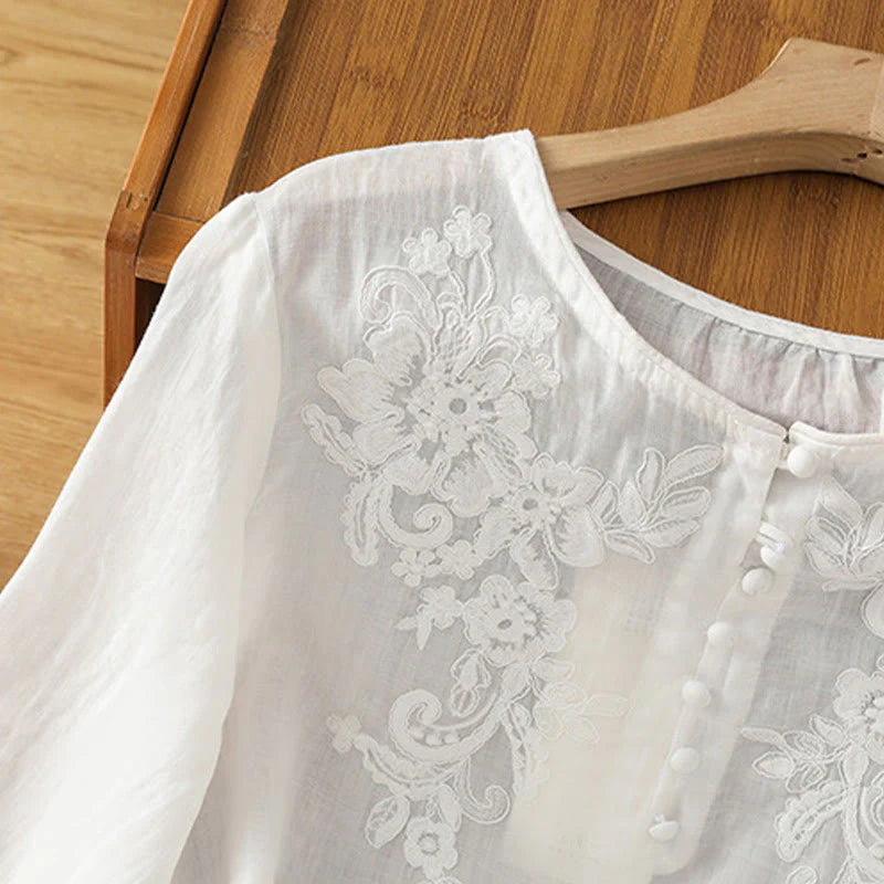 Buddha Stones Flower Vines Embroidery Button Crew Neck Three Quarter Sleeve Women's Cotton Shirt