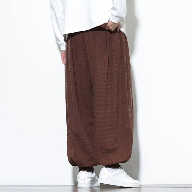 Buddha Stones Fall Plain Drawstring Simple Design Men's Harem Cotton Corduroy Pants With Pockets