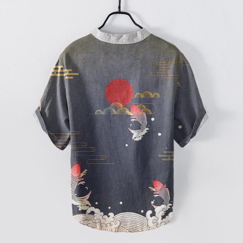 Buddha Stones Cotton Koi Fish Red Sun Cloud Emblem Men's Short Sleeve Half Button Shirt