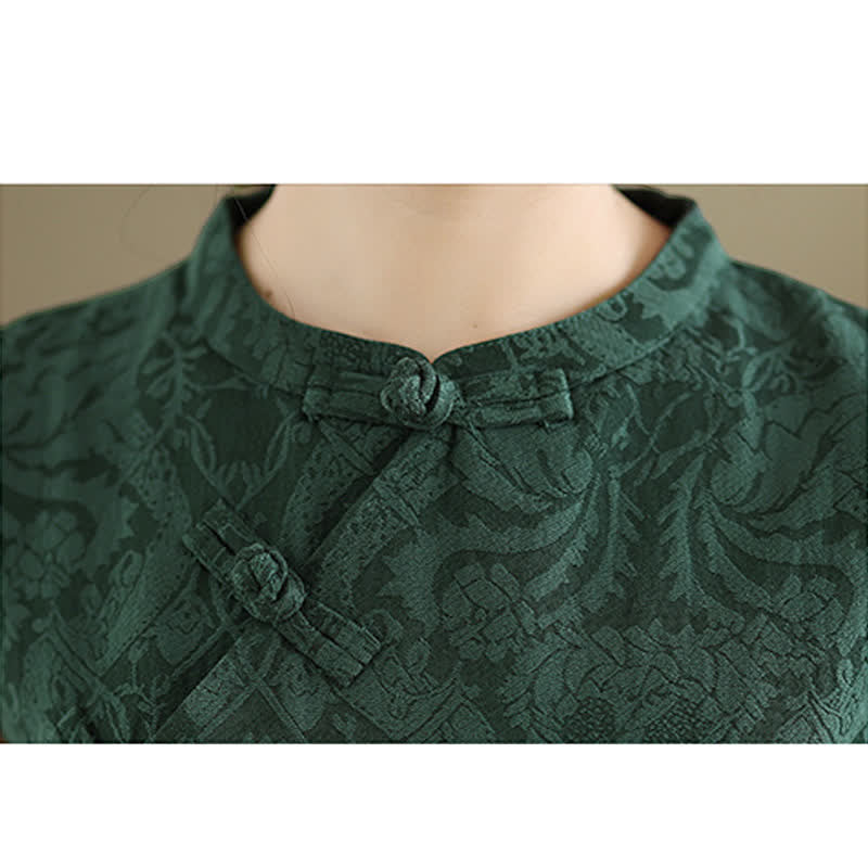 Buddha Stones Mandarin Collar Frog-button Jacquard Pattern Sleeveless Cotton Mini Dress With Pockets