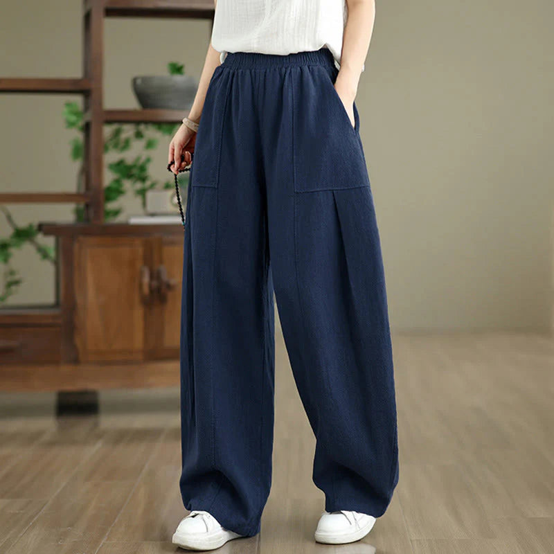 Buddha Stones Solid Color Cotton Linen Women's Straight Leg Pants With Pockets