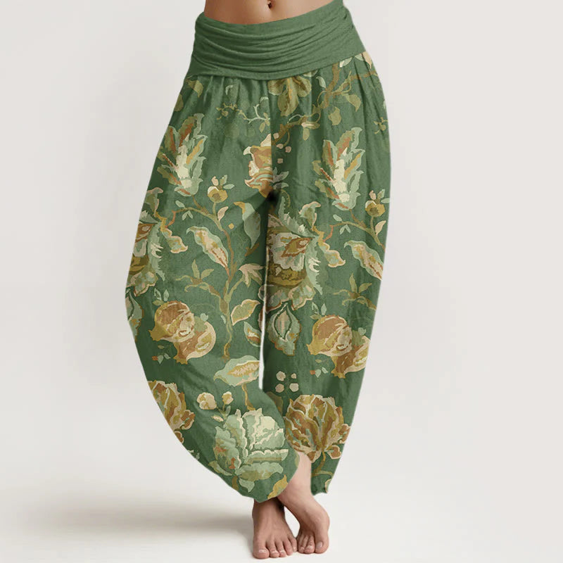 Buddha Stones Cotton Casual Blooming Flowers Buds Design Women's Elastic Waist Harem Pants