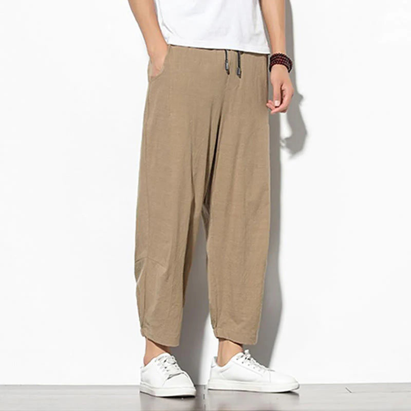 Buddha Stones Summer Men's 7-8 Length Cotton Linen Carrot Pants With Pockets
