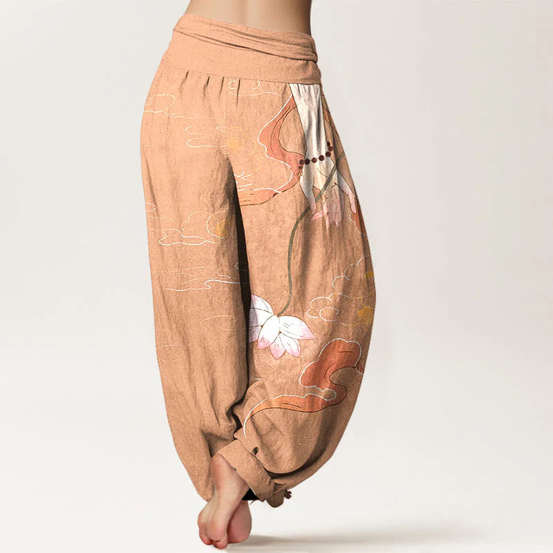 Buddha Stones Pure Cotton Lotus Flower Flowing Ribbons Hand Wearing Prayer Beads Clouds Pattern Women's Elastic Waist Harem Pants