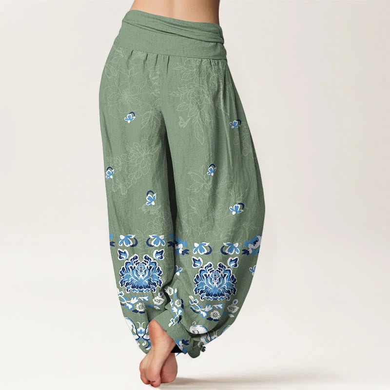 Buddha Stones Pure Cotton Elegant Classic Flower Butterfly Pattern Women's Elastic Waist Harem Pants