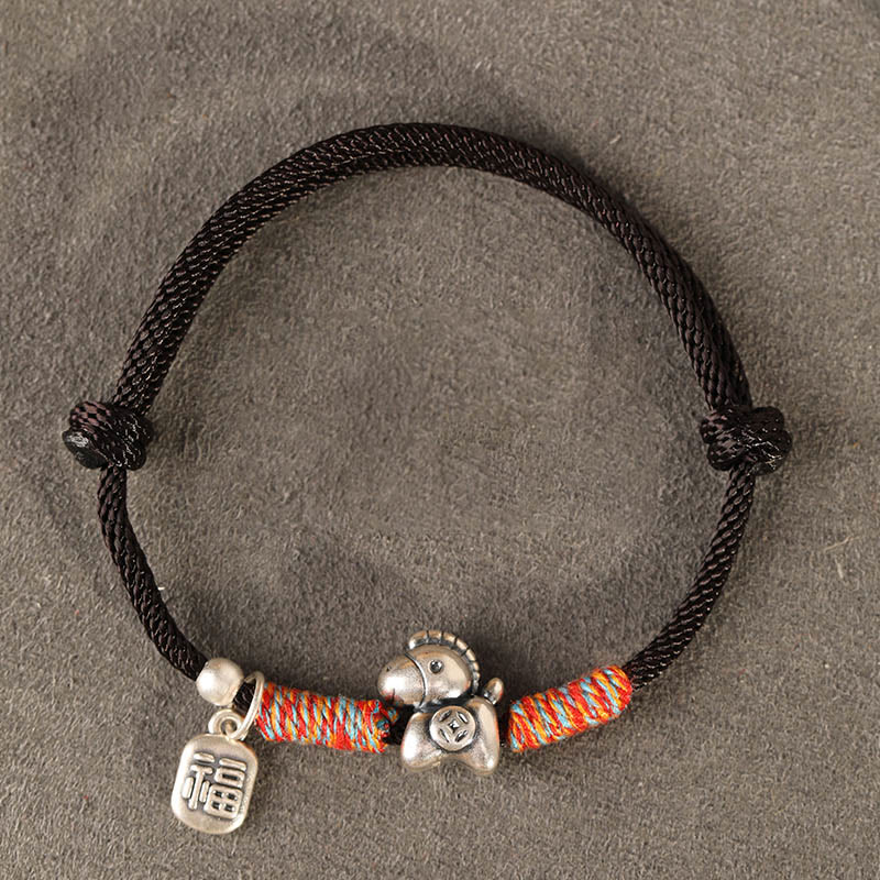Buddha Stones 999 Sterling Silver Year Of The Horse Fu Character Charm String Braided Luck Bracelet