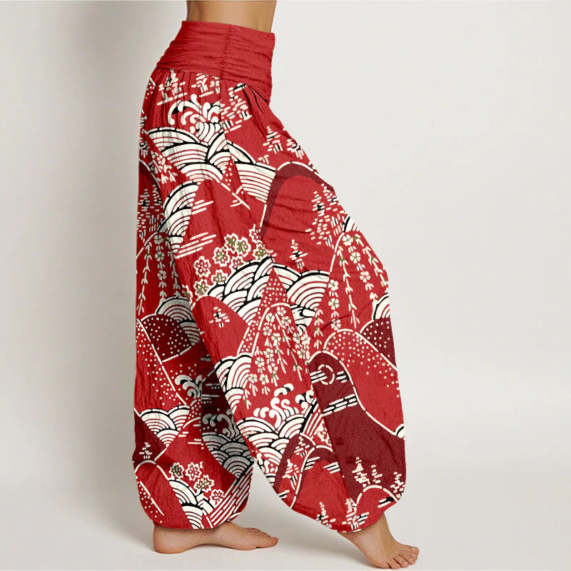 Buddha Stones Printed Mountains Waves Floral Pattern Women's Elastic Waist Harem Pure Cotton Pants