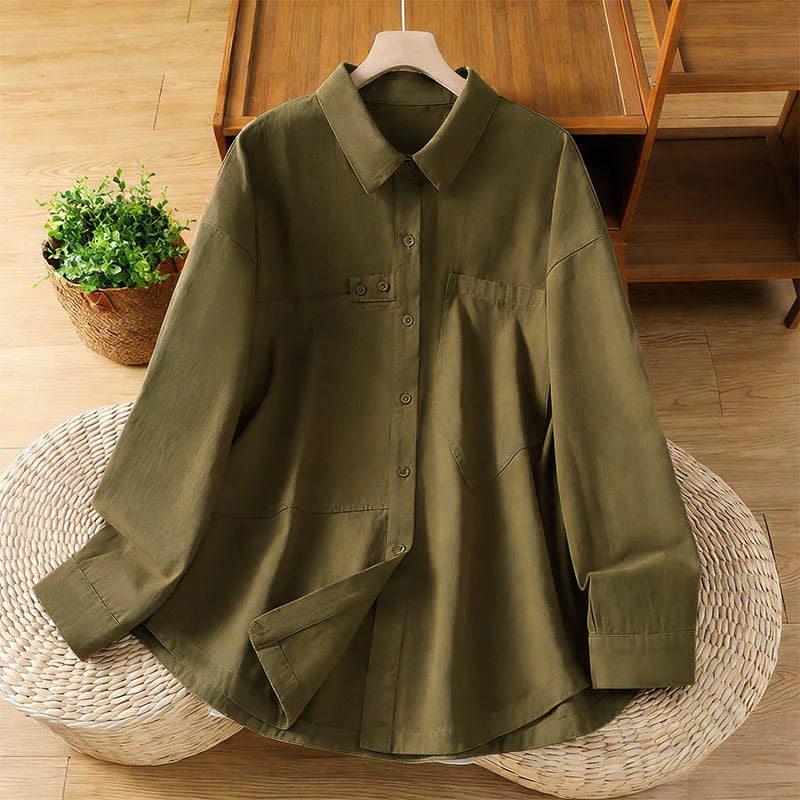 Buddha Stones Spring Plain Lapel Long Sleeve Women's Cotton Shirt With Pockets